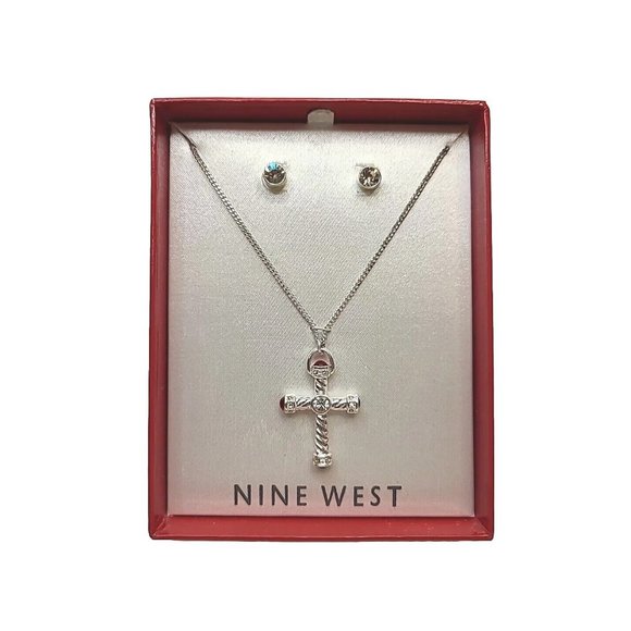 NINE WEST Silver‎ Tone Multi Color Jewels Cross necklace Stud Earring Set W Box - Picture 1 of 7